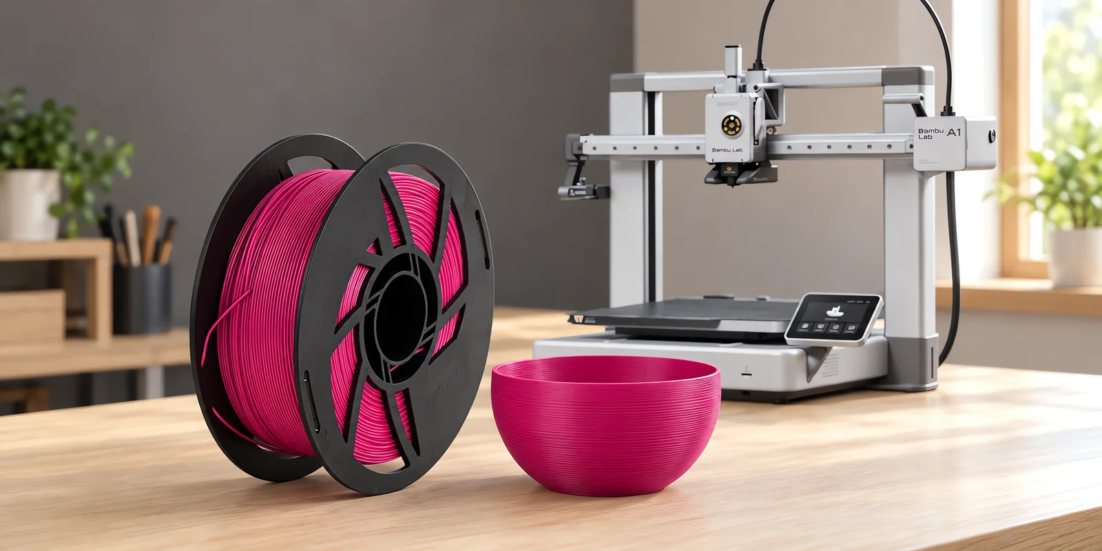 Carretel de filamento pla boutique frutilla sobre una mesa de roble claro, con una impresora 3D detrás y un cuenco impresa en el mismo color al lado.