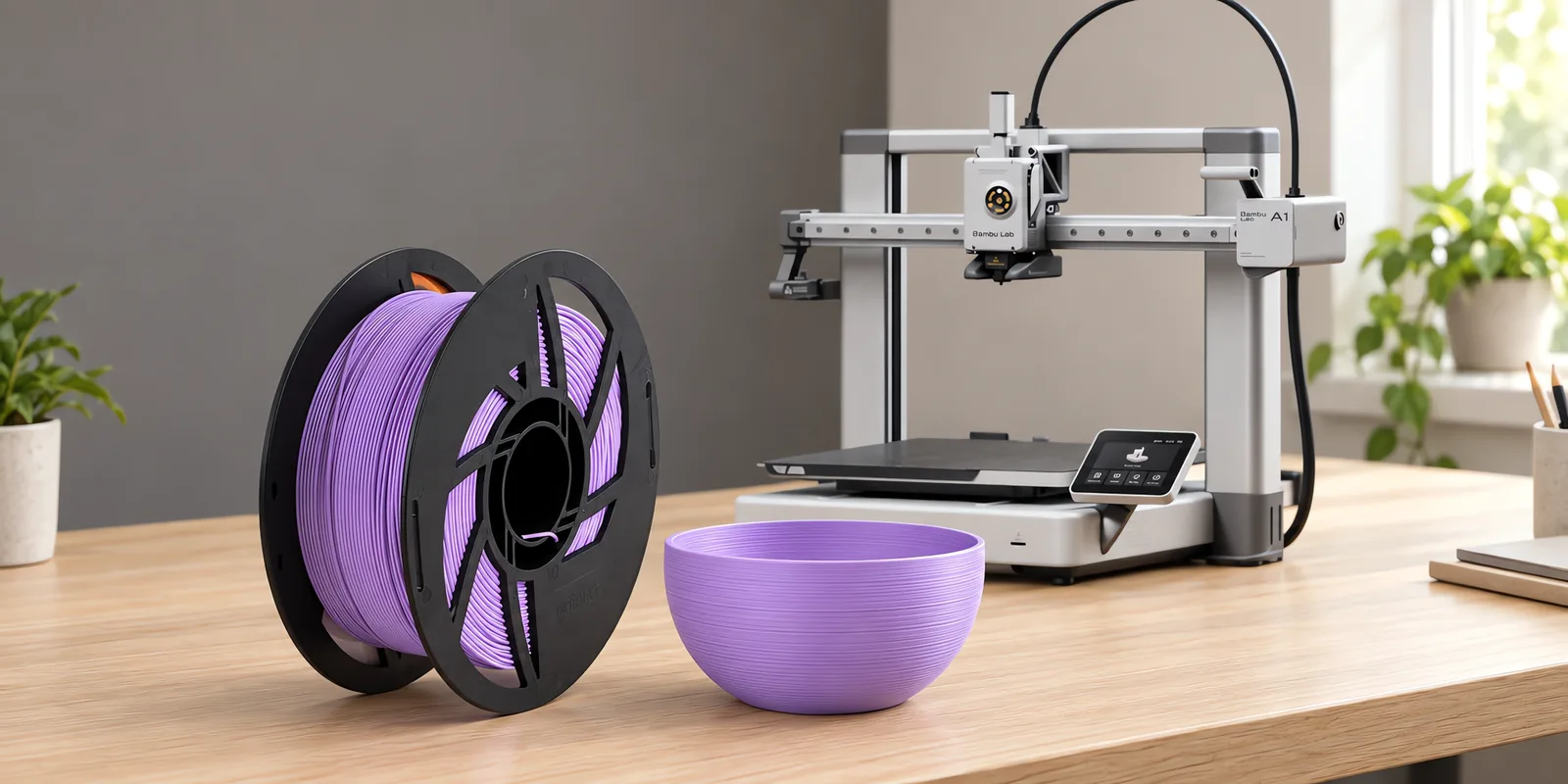 Carretel de filamento pla boutique lavanda sobre una mesa de roble claro, con una impresora 3D detrás y un cuenco impresa en el mismo color al lado.