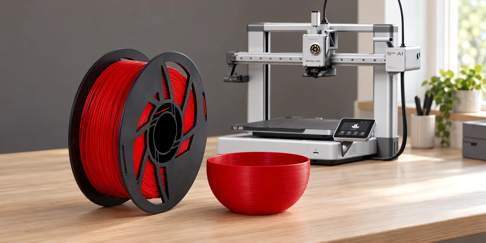 Carretel de filamento pla boutique rubi sobre una mesa de roble claro, con una impresora 3D detrás y un cuenco impresa en el mismo color al lado.