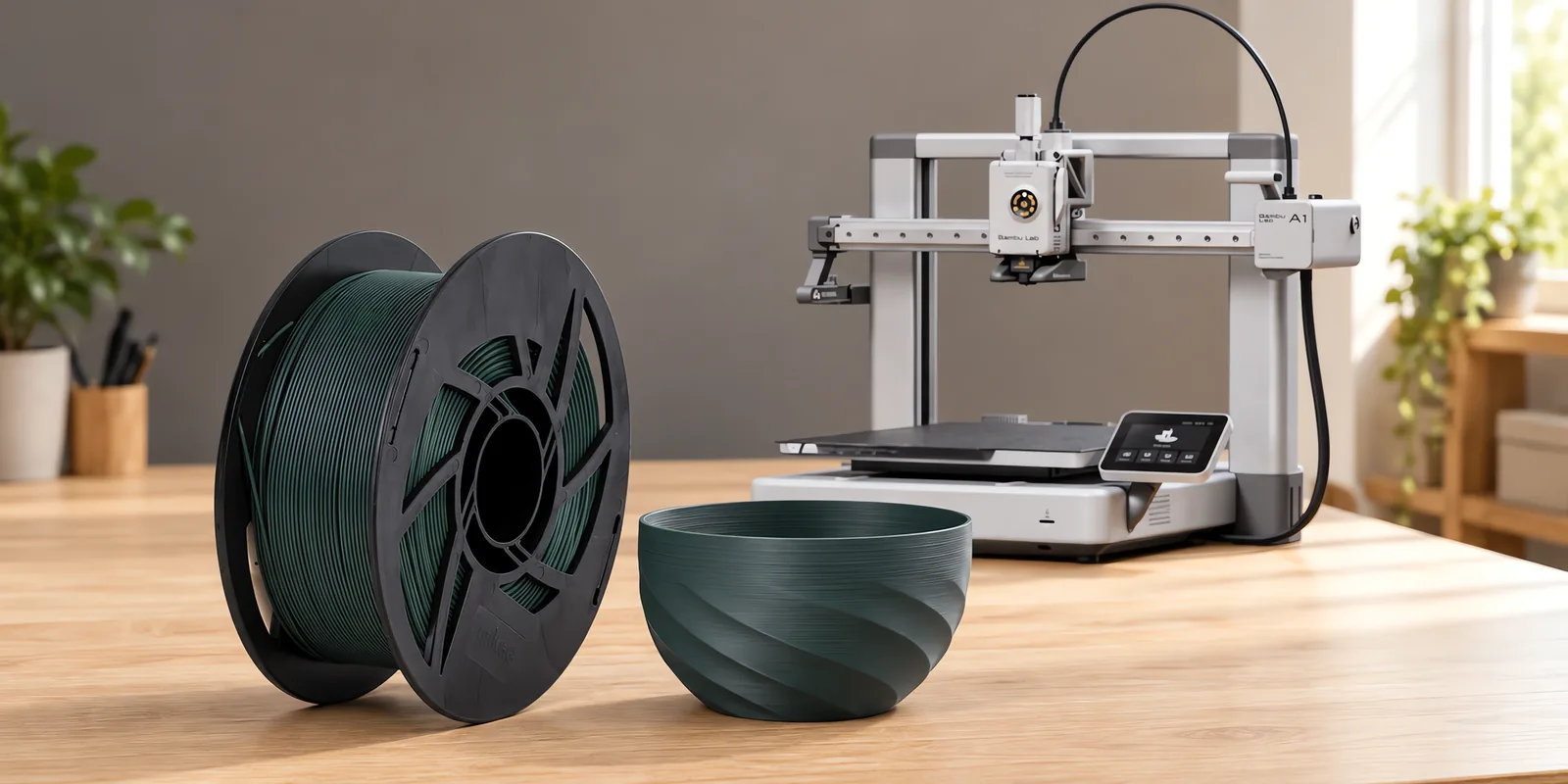 Carretel de filamento pla boutique verde aviador sobre una mesa de roble claro, con una impresora 3D detrás y un cuenco impresa en el mismo color al lado.