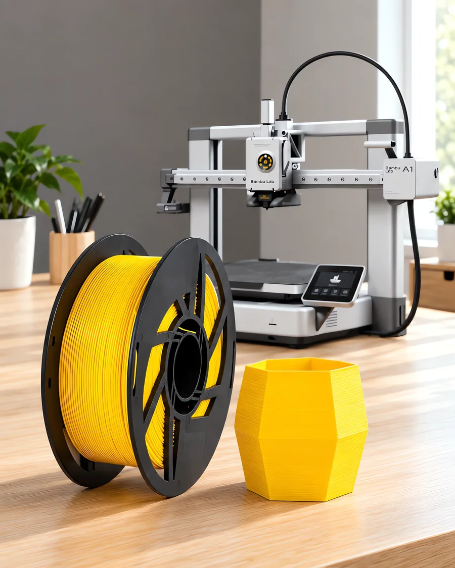 Carretel de filamento pla amarillo sobre una mesa de roble claro, con una impresora 3D detrás y una maceta impresa en el mismo color al lado.