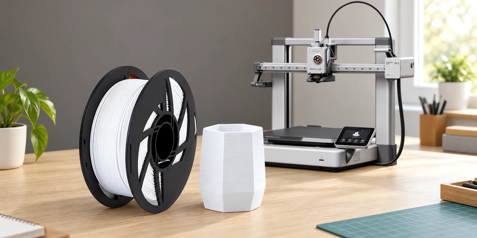 Carretel de filamento pla blanco sobre una mesa de roble claro, con una impresora 3D detrás y una maceta impresa en el mismo color al lado.