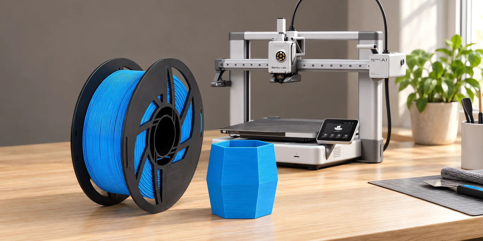 Carretel de filamento pla celeste sobre una mesa de roble claro, con una impresora 3D detrás y una maceta impresa en el mismo color al lado.