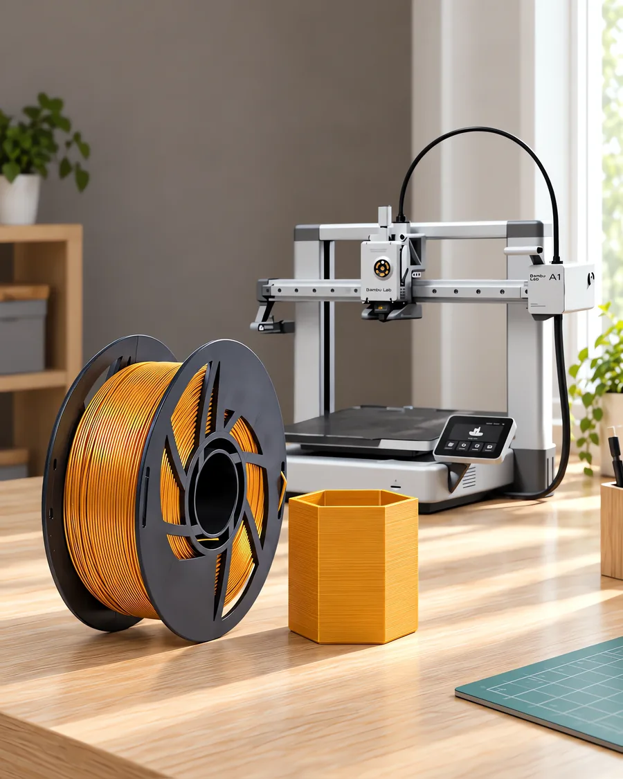 Carretel de filamento pla dorado sobre una mesa de roble claro, con una impresora 3D detrás y una maceta impresa en el mismo color al lado.