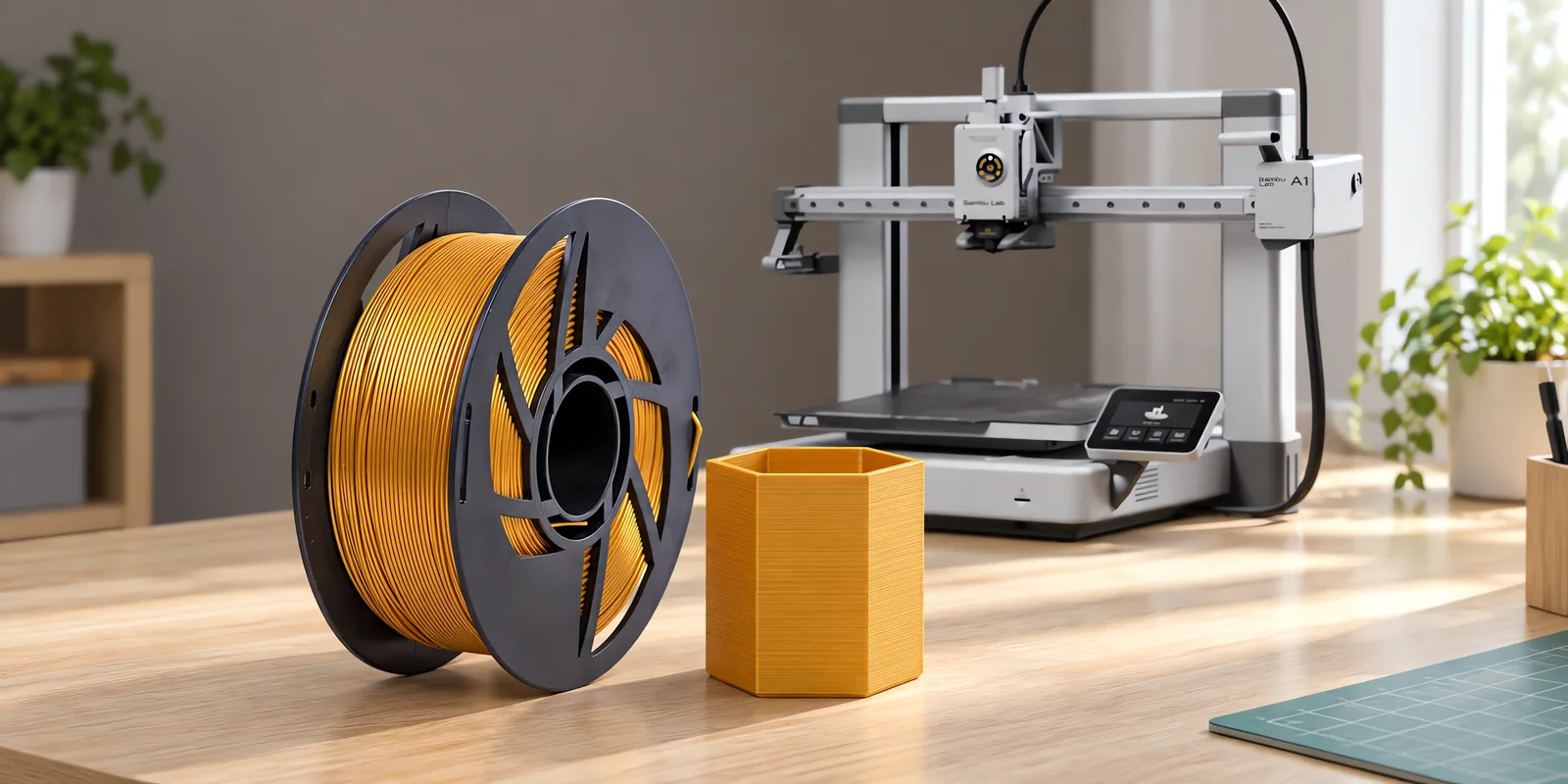 Carretel de filamento pla dorado sobre una mesa de roble claro, con una impresora 3D detrás y una maceta impresa en el mismo color al lado.