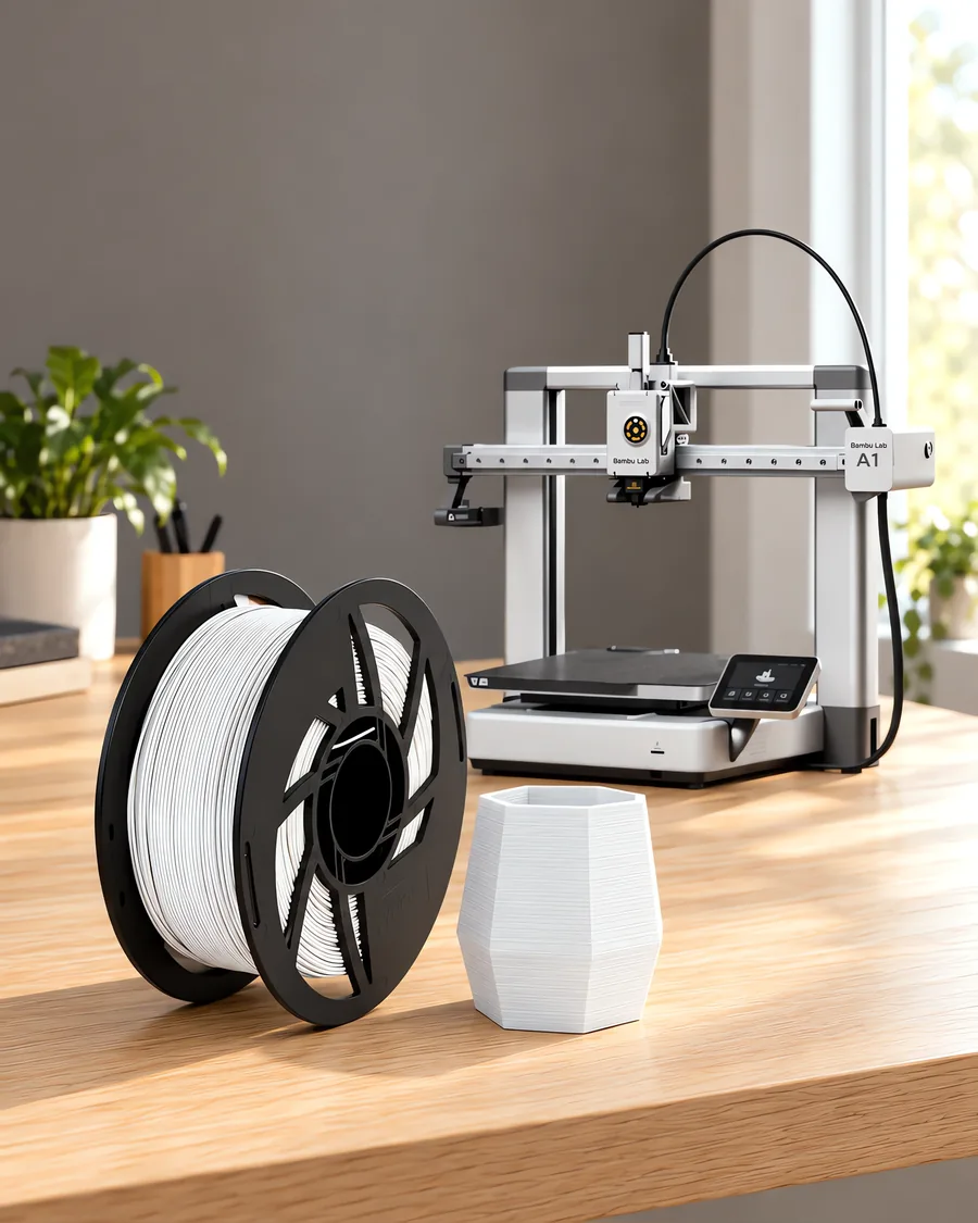 Carretel de filamento pla gris espacial sobre una mesa de roble claro, con una impresora 3D detrás y una maceta impresa en el mismo color al lado.