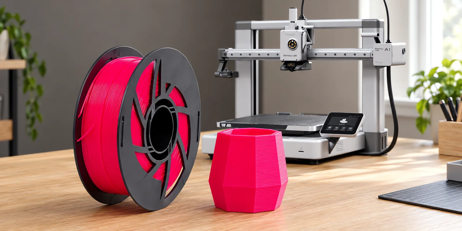 Carretel de filamento pla magenta fluo sobre una mesa de roble claro, con una impresora 3D detrás y una maceta impresa en el mismo color al lado.