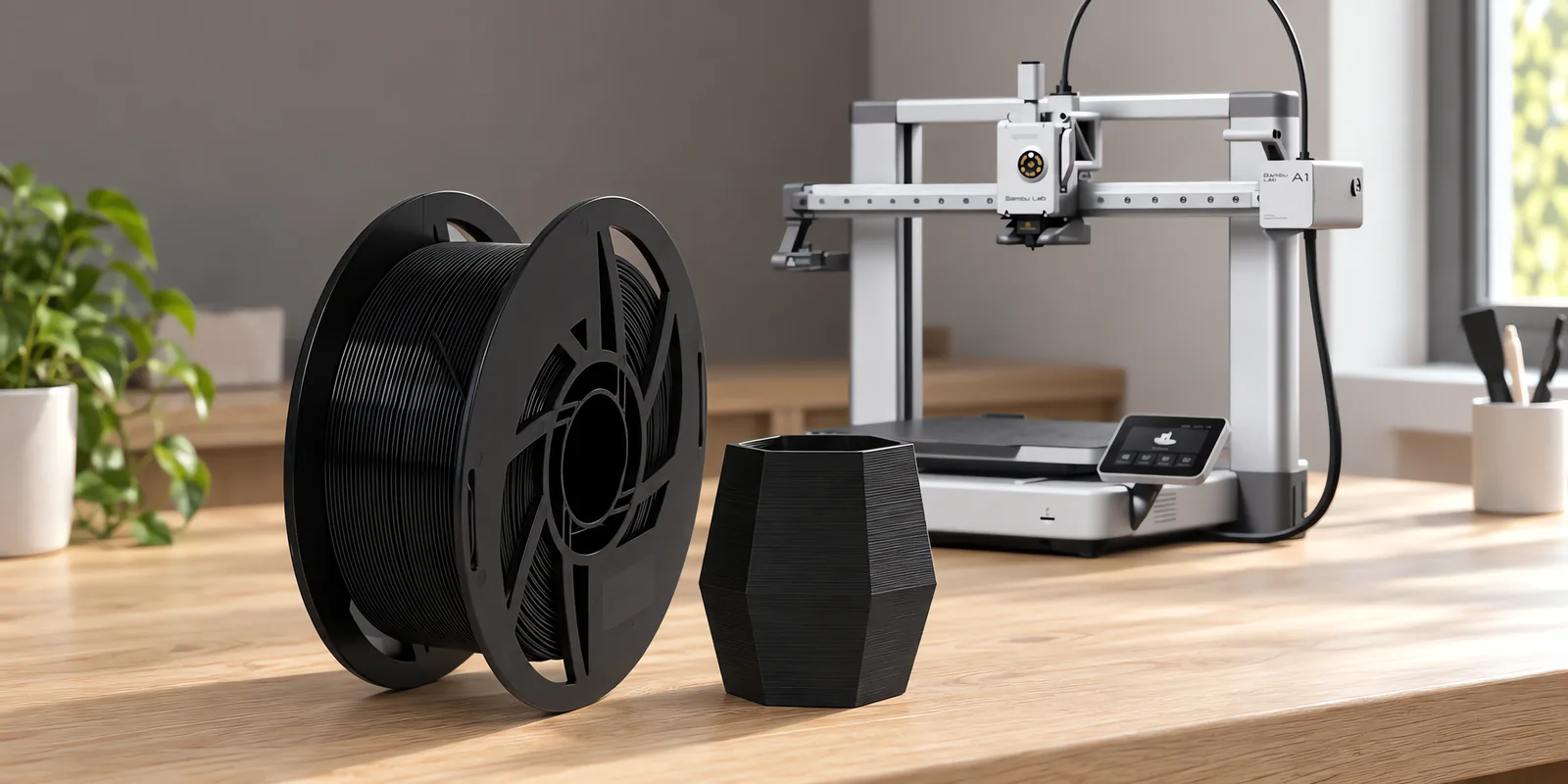 Carretel de filamento pla negro sobre una mesa de roble claro, con una impresora 3D detrás y una maceta impresa en el mismo color al lado.