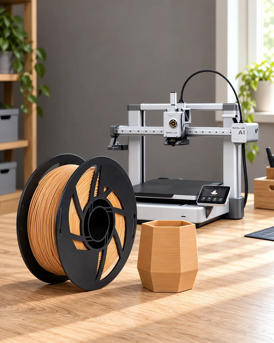 Carretel de filamento pla piel 720 sobre una mesa de roble claro, con una impresora 3D detrás y una maceta impresa en el mismo color al lado.