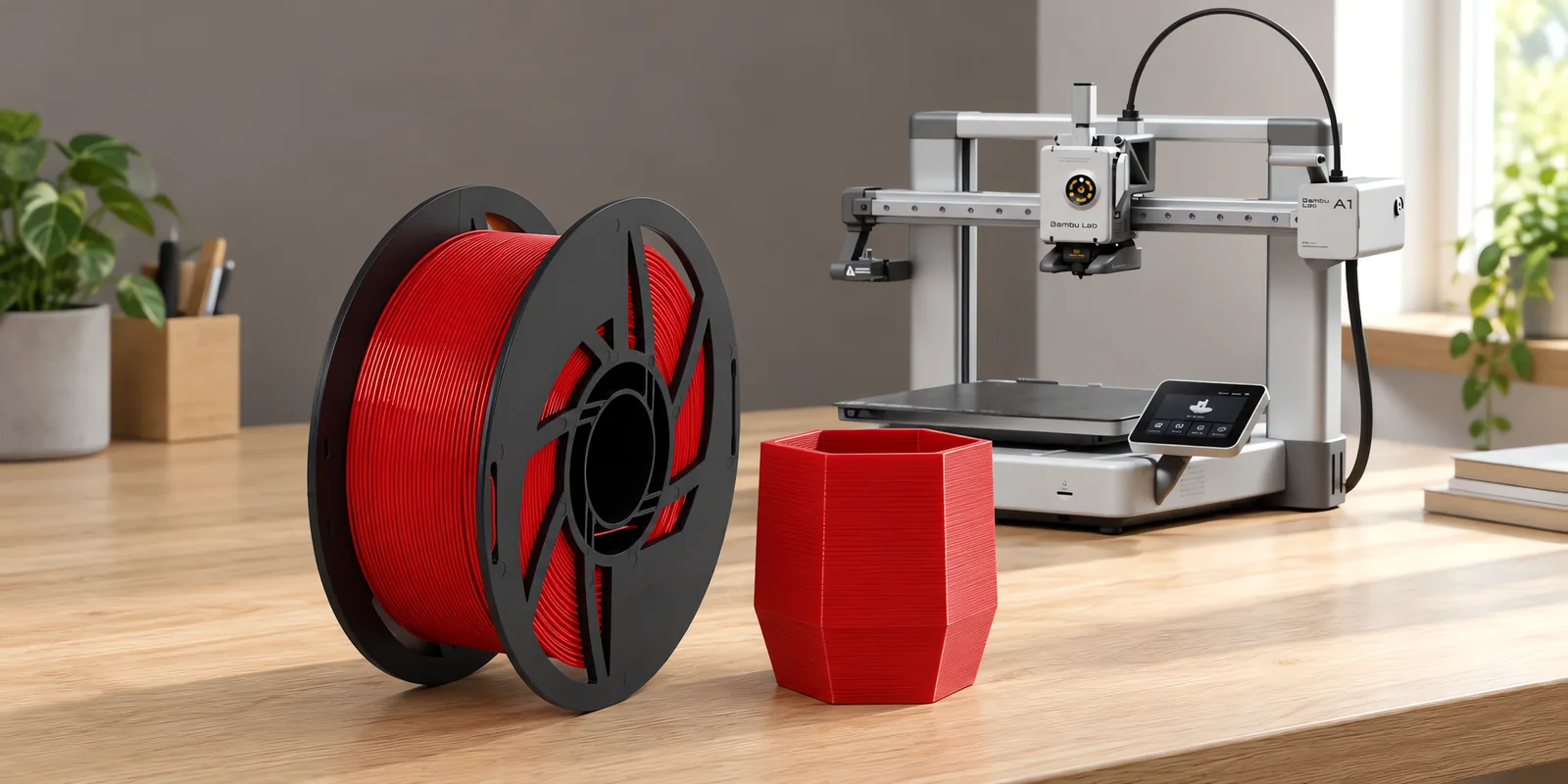 Carretel de filamento pla rojo sobre una mesa de roble claro, con una impresora 3D detrás y una maceta impresa en el mismo color al lado.