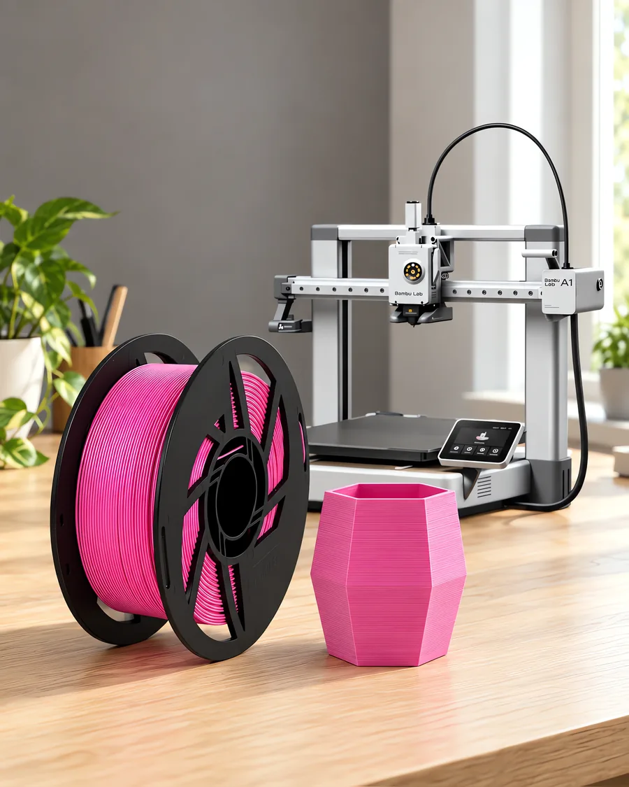 Carretel de filamento pla rosa sobre una mesa de roble claro, con una impresora 3D detrás y una maceta impresa en el mismo color al lado.