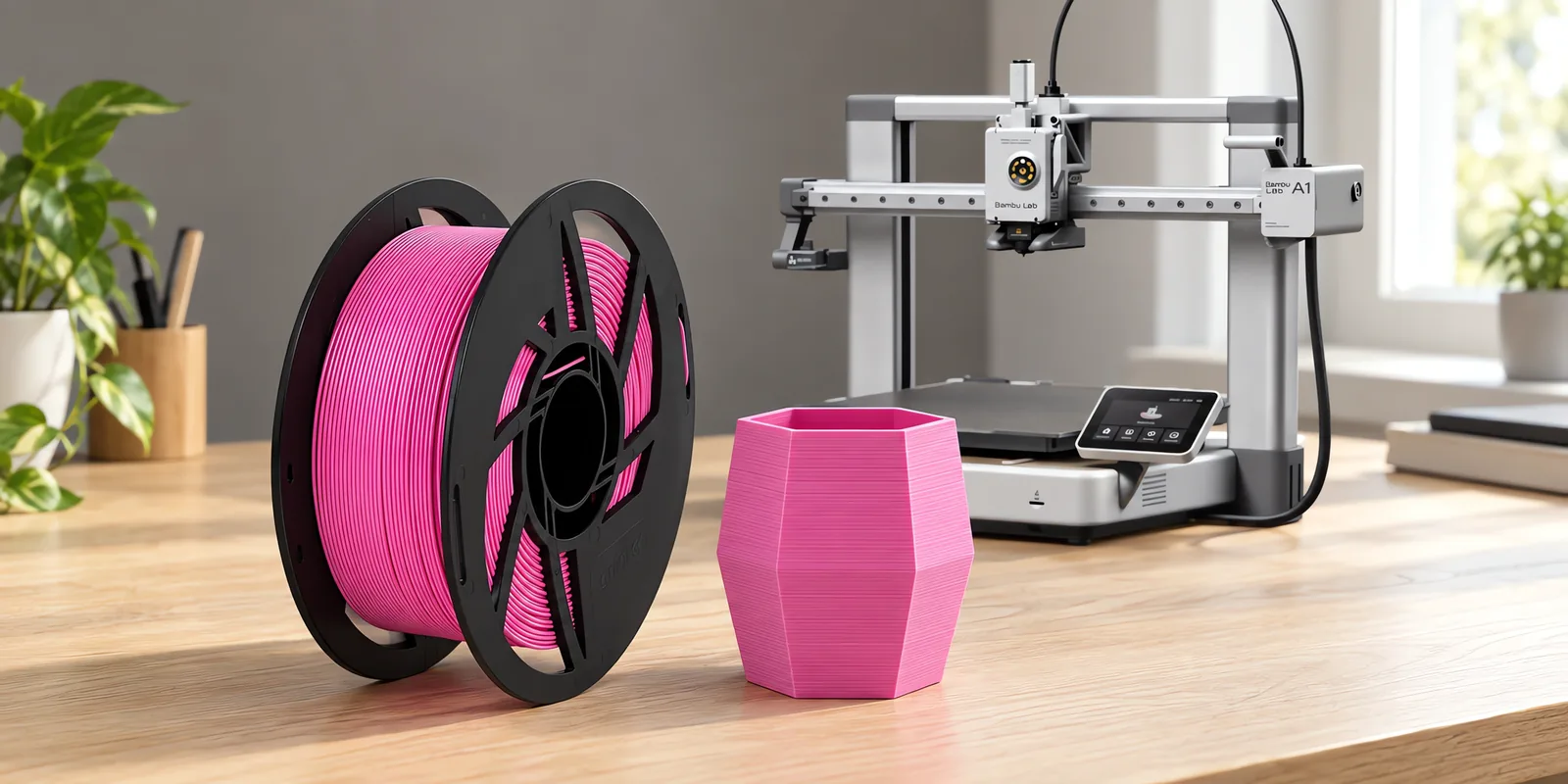Carretel de filamento pla rosa sobre una mesa de roble claro, con una impresora 3D detrás y una maceta impresa en el mismo color al lado.