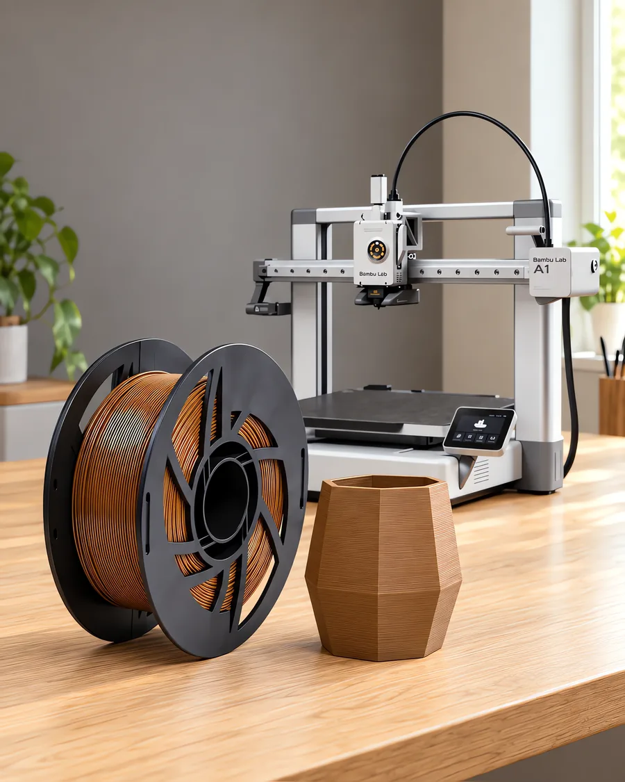 Carretel de filamento pla sl carpincho sobre una mesa de roble claro, con una impresora 3D detrás y una maceta impresa en el mismo color al lado.