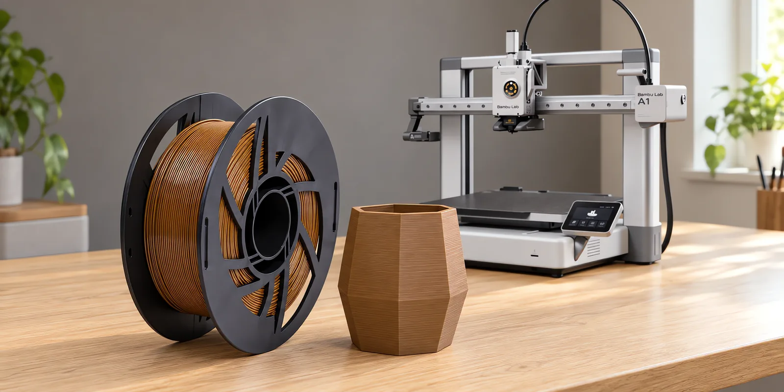 Carretel de filamento pla sl carpincho sobre una mesa de roble claro, con una impresora 3D detrás y una maceta impresa en el mismo color al lado.