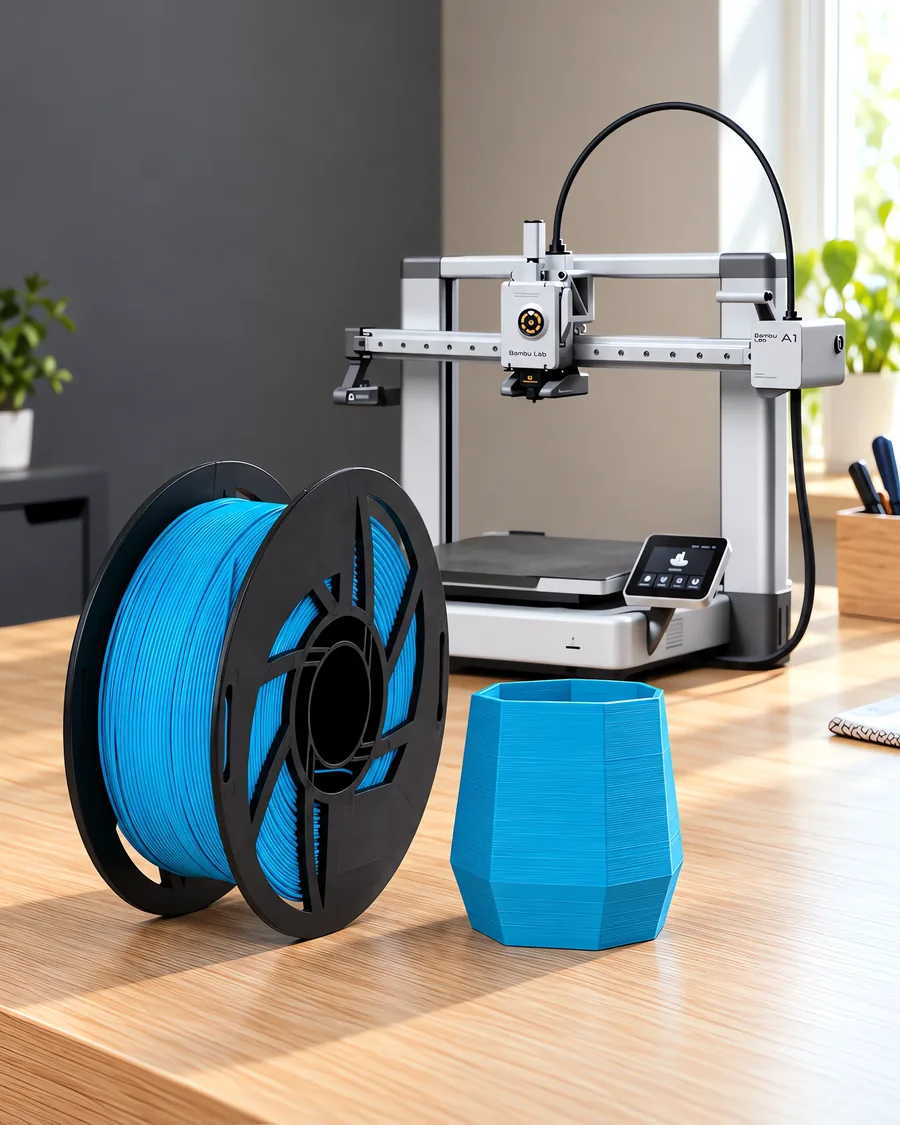 Carretel de filamento pla turquesa sobre una mesa de roble claro, con una impresora 3D detrás y una maceta impresa en el mismo color al lado.