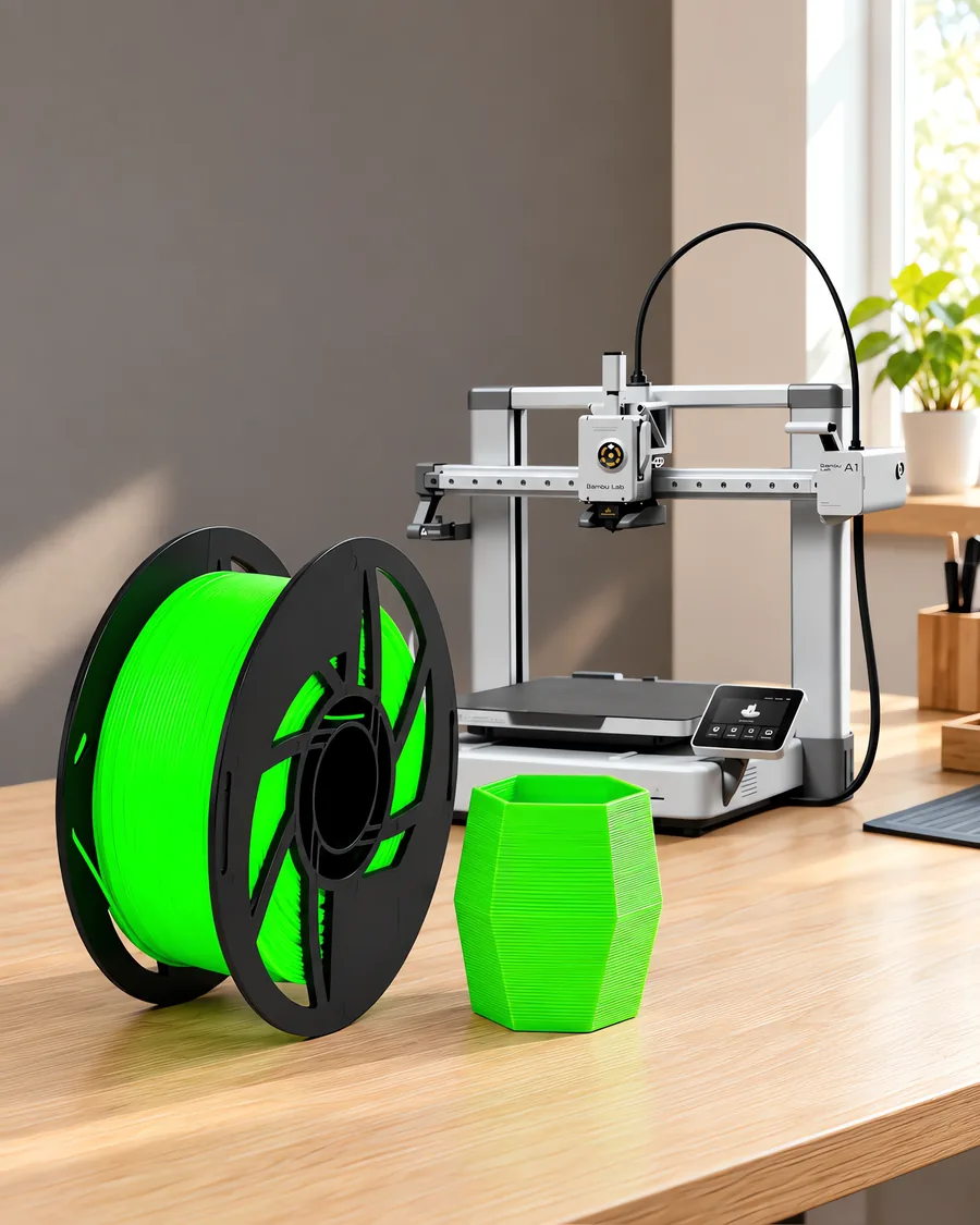 Carretel de filamento pla verde fluo sobre una mesa de roble claro, con una impresora 3D detrás y una maceta impresa en el mismo color al lado.