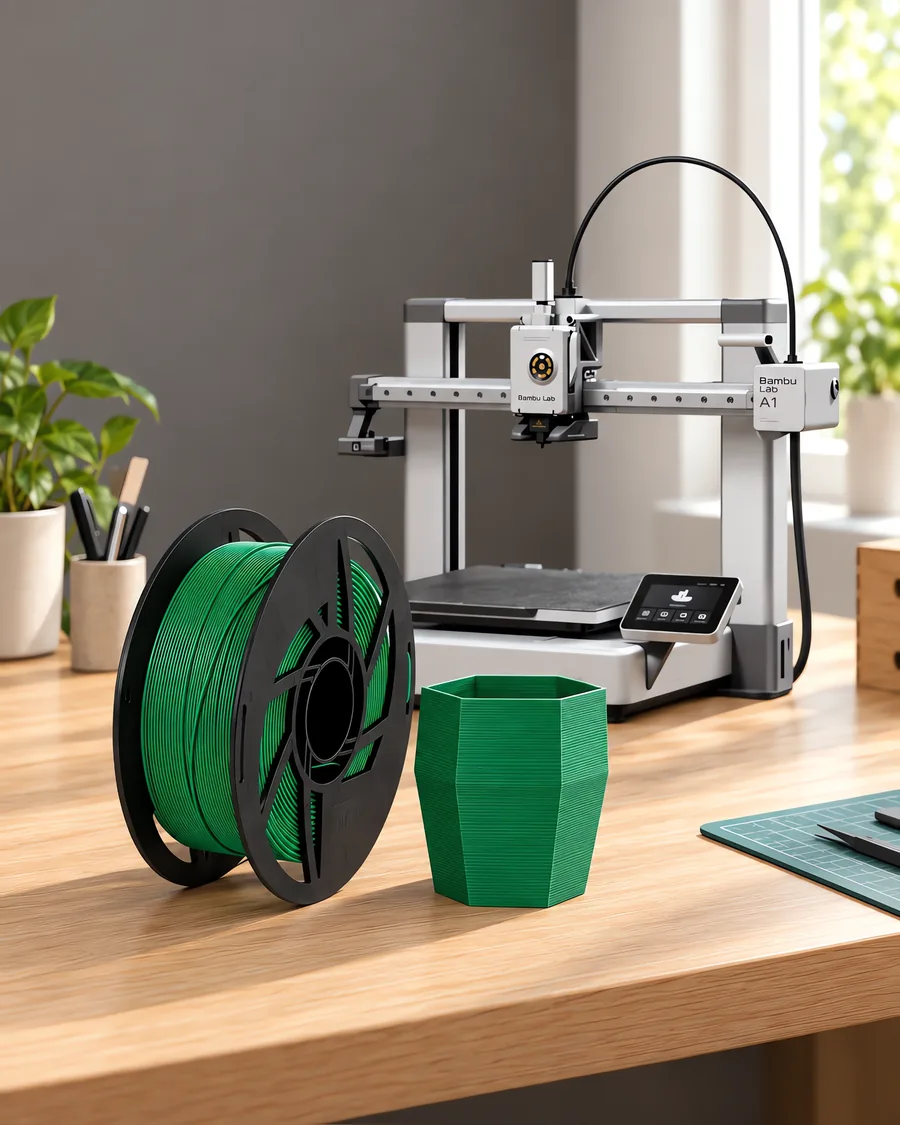 Carretel de filamento pla verde sobre una mesa de roble claro, con una impresora 3D detrás y una maceta impresa en el mismo color al lado.