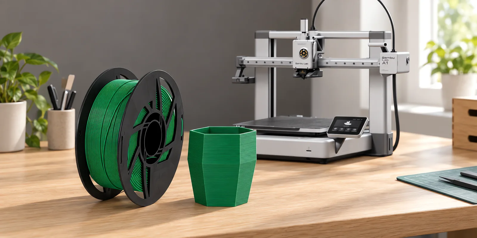Carretel de filamento pla verde sobre una mesa de roble claro, con una impresora 3D detrás y una maceta impresa en el mismo color al lado.