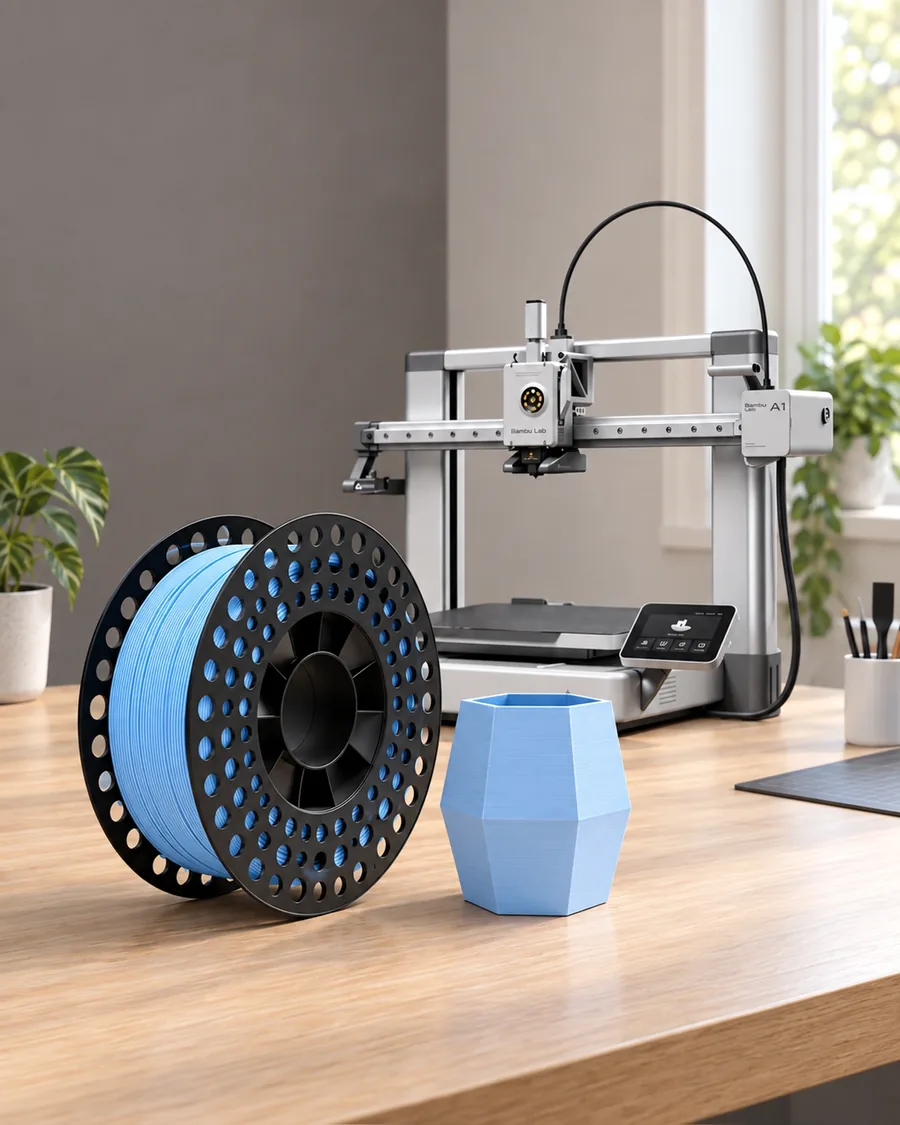 Carretel de filamento pla+ azul sobre una mesa de roble claro, con una impresora 3D detrás y una maceta impresa en el mismo color al lado.
