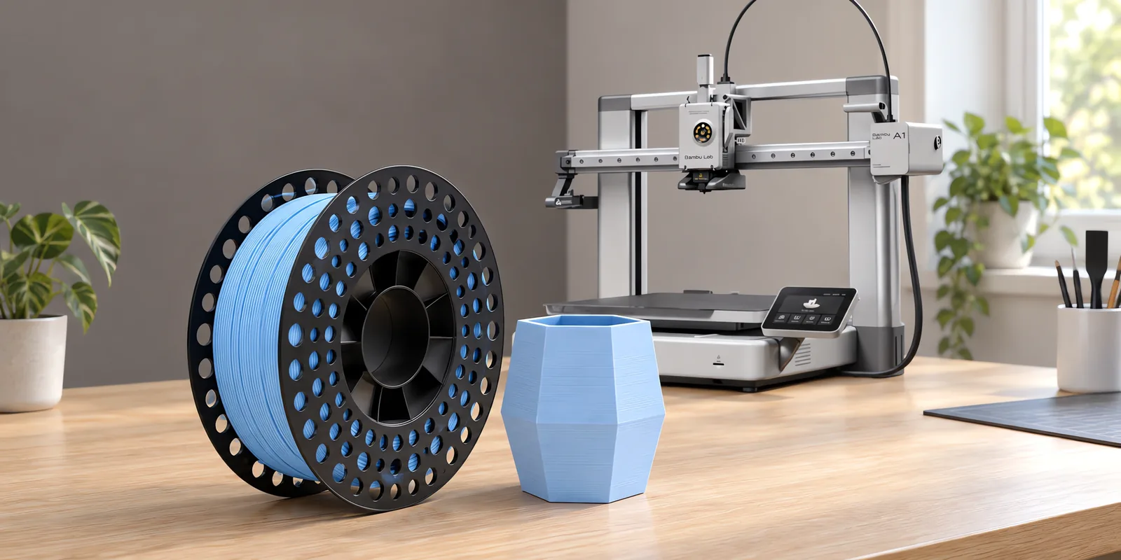 Carretel de filamento pla+ azul sobre una mesa de roble claro, con una impresora 3D detrás y una maceta impresa en el mismo color al lado.