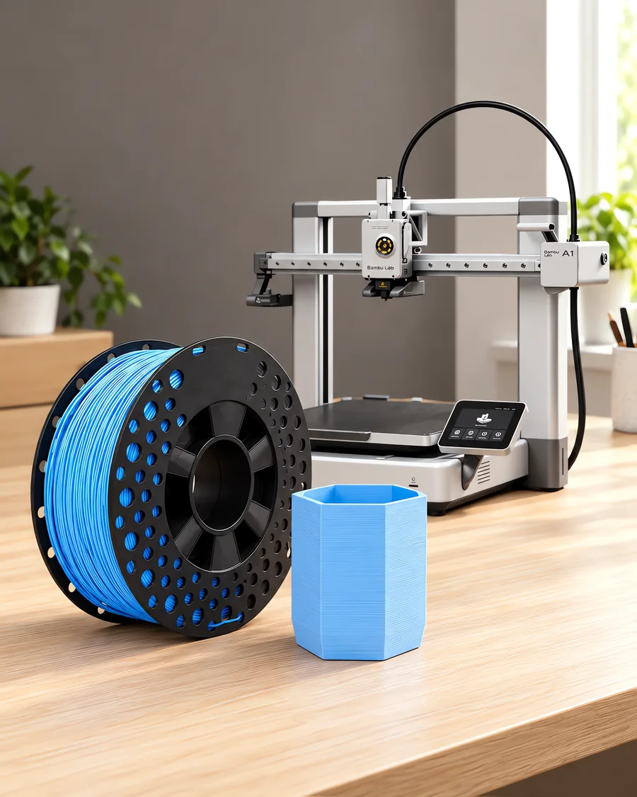 Carretel de filamento pla+ celeste sobre una mesa de roble claro, con una impresora 3D detrás y una maceta impresa en el mismo color al lado.