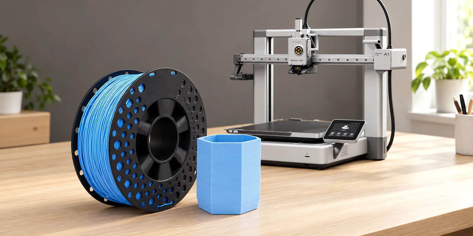 Carretel de filamento pla+ celeste sobre una mesa de roble claro, con una impresora 3D detrás y una maceta impresa en el mismo color al lado.