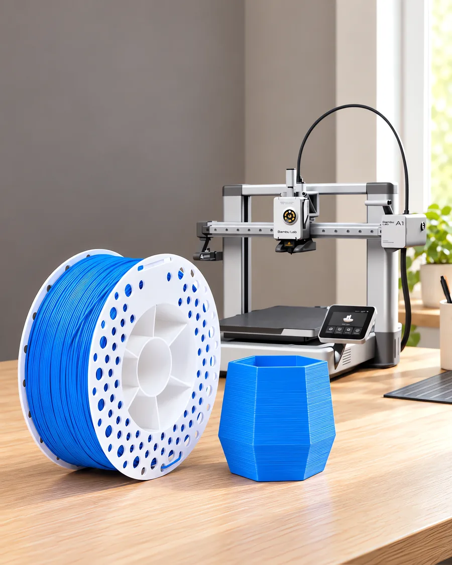 Carretel de filamento pla+ azul sobre una mesa de roble claro, con una impresora 3D detrás y una maceta impresa en el mismo color al lado.