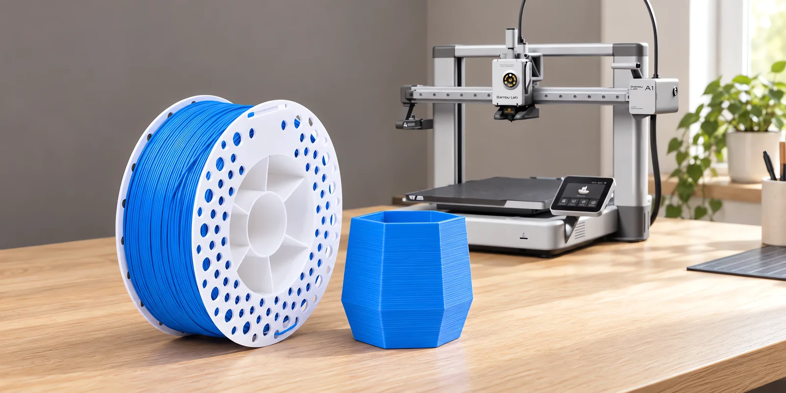 Carretel de filamento pla+ azul sobre una mesa de roble claro, con una impresora 3D detrás y una maceta impresa en el mismo color al lado.