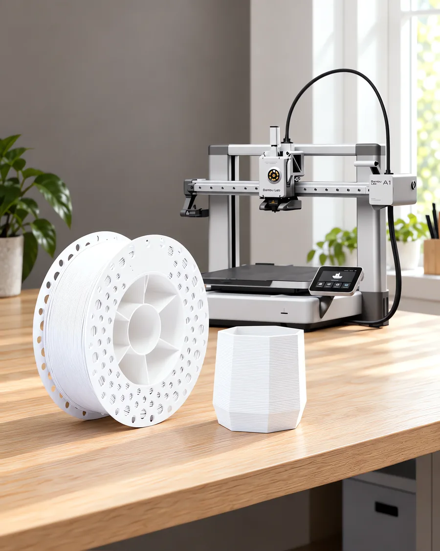 Carretel de filamento pla+ blanco sobre una mesa de roble claro, con una impresora 3D detrás y una maceta impresa en el mismo color al lado.