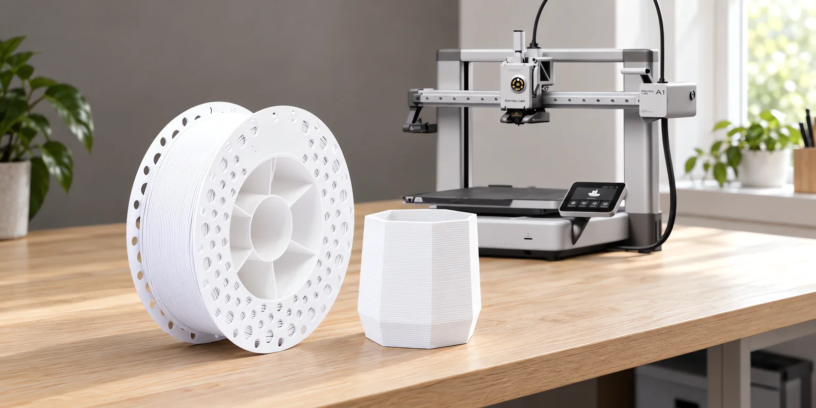 Carretel de filamento pla+ blanco sobre una mesa de roble claro, con una impresora 3D detrás y una maceta impresa en el mismo color al lado.