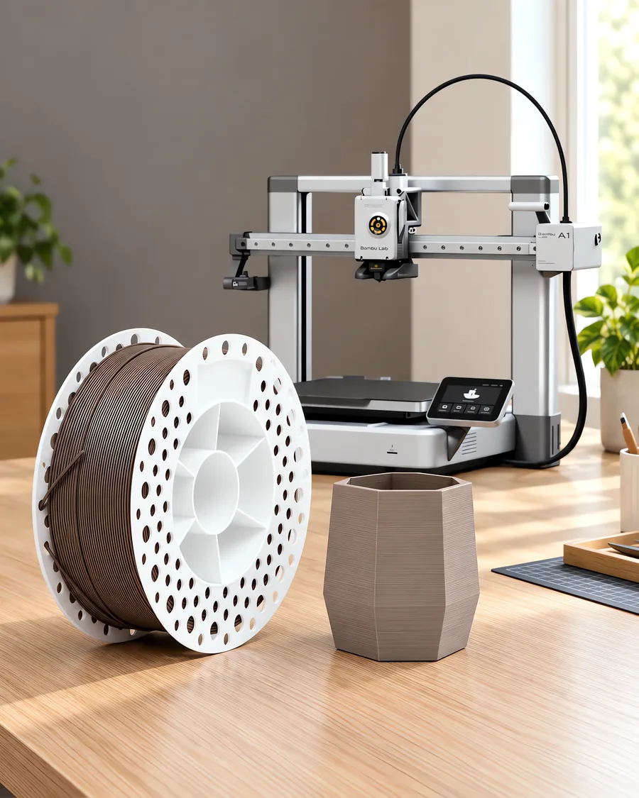 Carretel de filamento pla+ chocolate sobre una mesa de roble claro, con una impresora 3D detrás y una maceta impresa en el mismo color al lado.