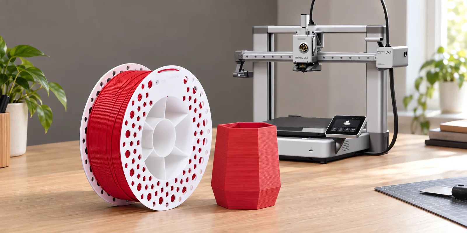 Carretel de filamento pla+ rojo sobre una mesa de roble claro, con una impresora 3D detrás y una maceta impresa en el mismo color al lado.