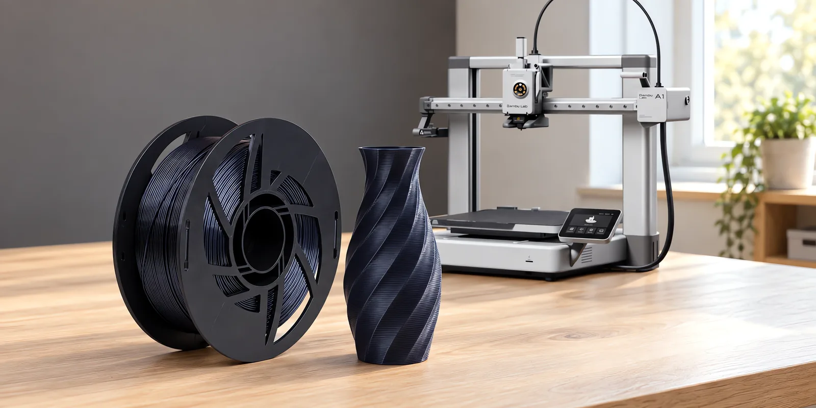 Carretel de filamento pla silk azabache sobre una mesa de roble claro, con una impresora 3D detrás y un jarrón impresa en el mismo color al lado.