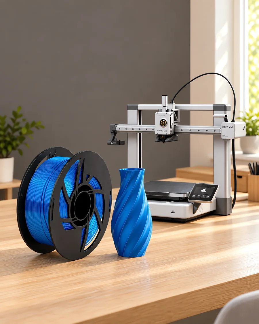 Carretel de filamento pla silk azul sobre una mesa de roble claro, con una impresora 3D detrás y un jarrón impresa en el mismo color al lado.