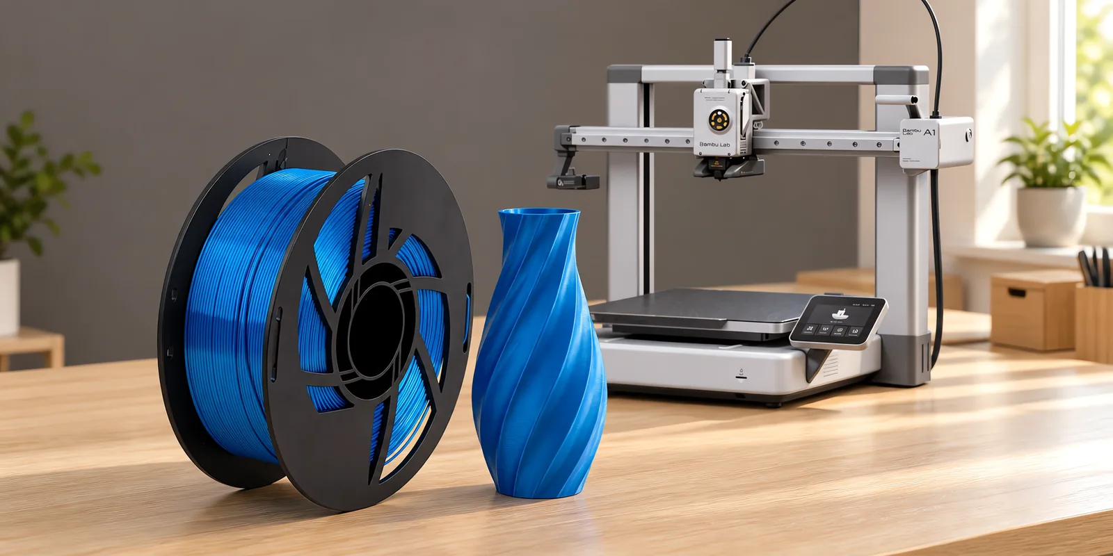 Carretel de filamento pla silk azul sobre una mesa de roble claro, con una impresora 3D detrás y un jarrón impresa en el mismo color al lado.