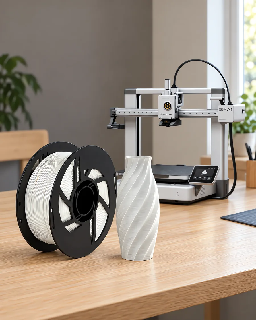 Carretel de filamento pla silk blanco perla sobre una mesa de roble claro, con una impresora 3D detrás y un jarrón impresa en el mismo color al lado.
