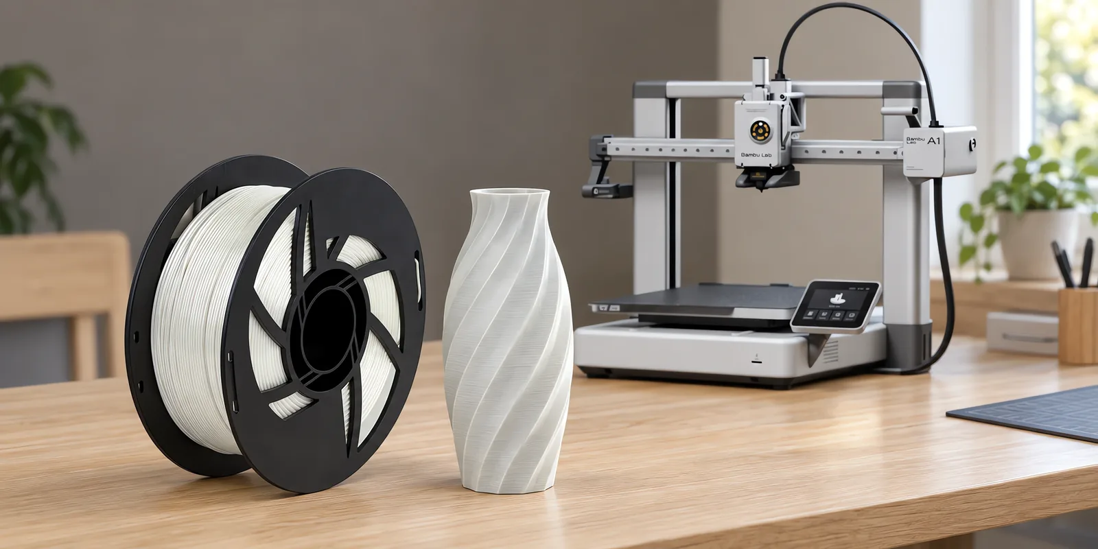 Carretel de filamento pla silk blanco perla sobre una mesa de roble claro, con una impresora 3D detrás y un jarrón impresa en el mismo color al lado.