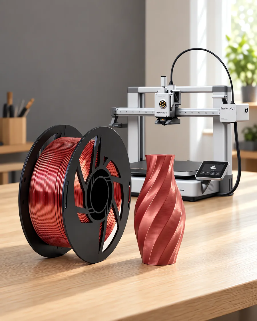 Carretel de filamento pla silk cobre sobre una mesa de roble claro, con una impresora 3D detrás y un jarrón impresa en el mismo color al lado.