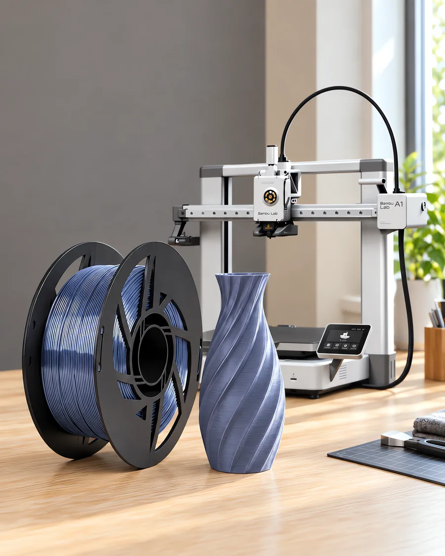 Carretel de filamento pla silk platino sobre una mesa de roble claro, con una impresora 3D detrás y un jarrón impresa en el mismo color al lado.
