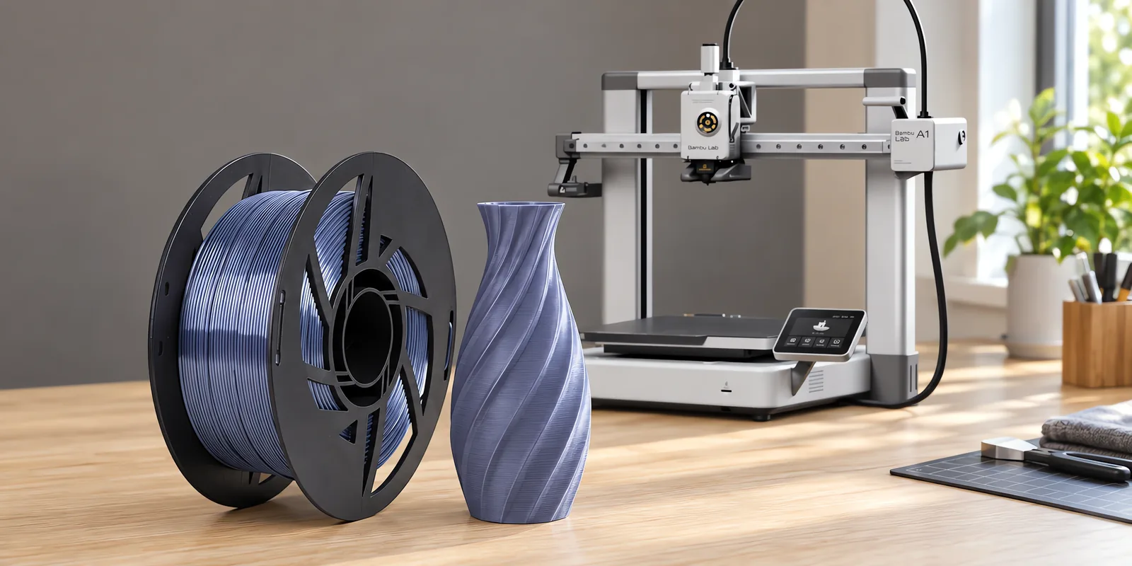 Carretel de filamento pla silk platino sobre una mesa de roble claro, con una impresora 3D detrás y un jarrón impresa en el mismo color al lado.