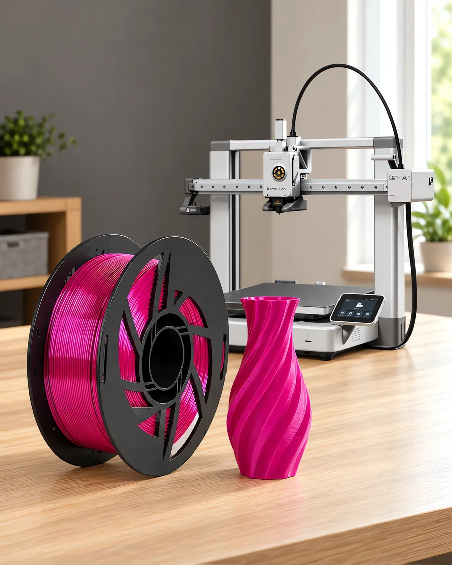 Carretel de filamento pla silk tutti frutti sobre una mesa de roble claro, con una impresora 3D detrás y un jarrón impresa en el mismo color al lado.