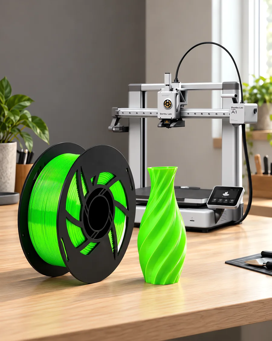 Carretel de filamento pla silk verde sobre una mesa de roble claro, con una impresora 3D detrás y un jarrón impresa en el mismo color al lado.