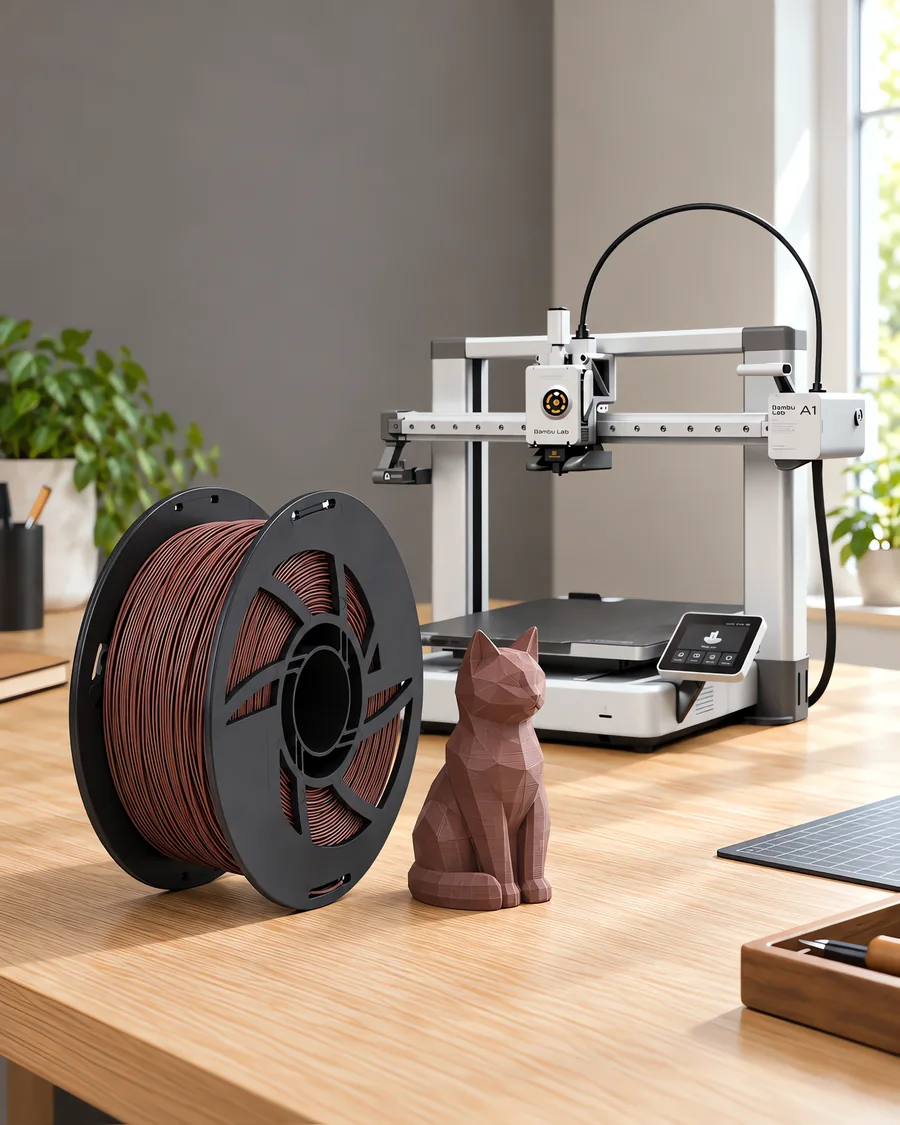 Carretel de filamento pla wood caoba sobre una mesa de roble claro, con una impresora 3D detrás y una figura impresa en el mismo color al lado.