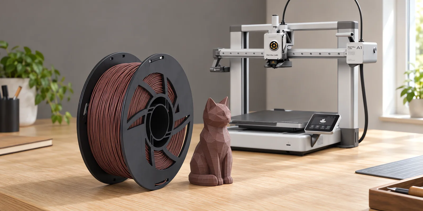 Carretel de filamento pla wood caoba sobre una mesa de roble claro, con una impresora 3D detrás y una figura impresa en el mismo color al lado.