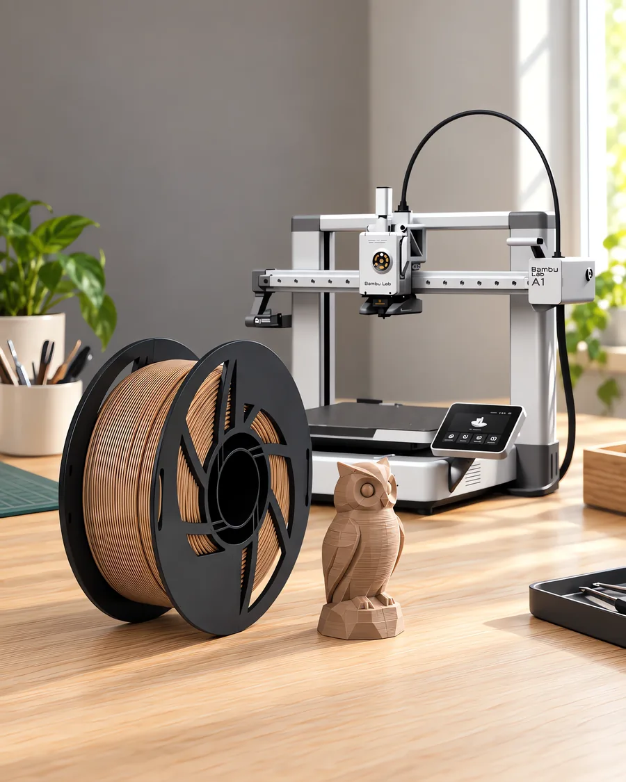Carretel de filamento pla wood pino sobre una mesa de roble claro, con una impresora 3D detrás y una figura impresa en el mismo color al lado.