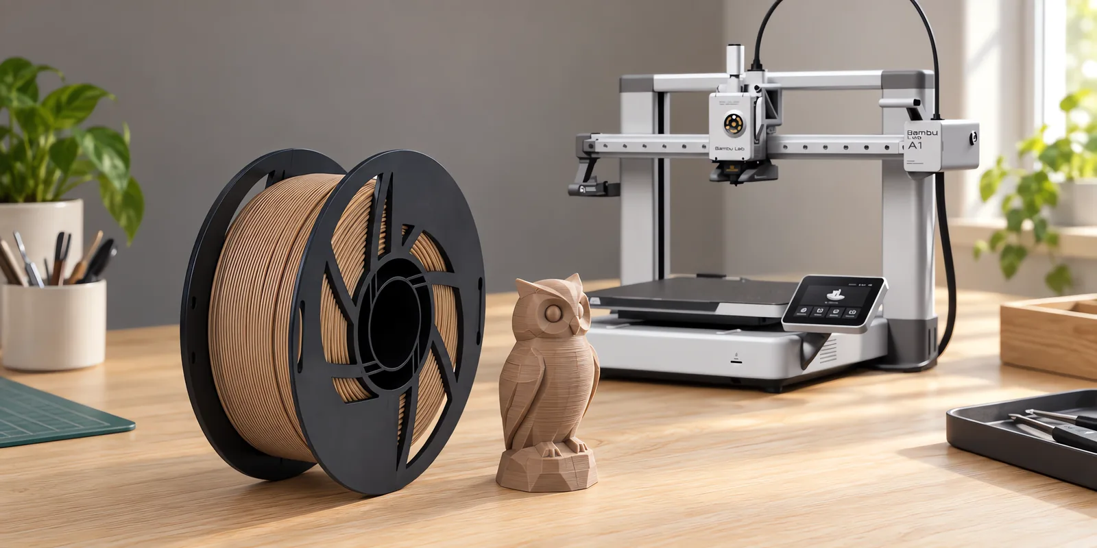 Carretel de filamento pla wood pino sobre una mesa de roble claro, con una impresora 3D detrás y una figura impresa en el mismo color al lado.