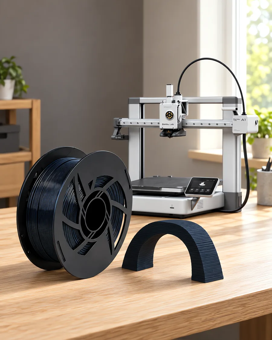 Carretel de filamento pla zeta azabache sobre una mesa de roble claro, con una impresora 3D detrás y un arco impresa en el mismo color al lado.