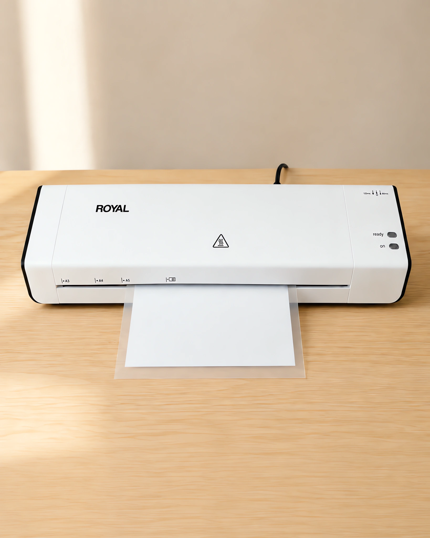 Plastificadora blanca sobre la mesa con un pouch a medio entrar