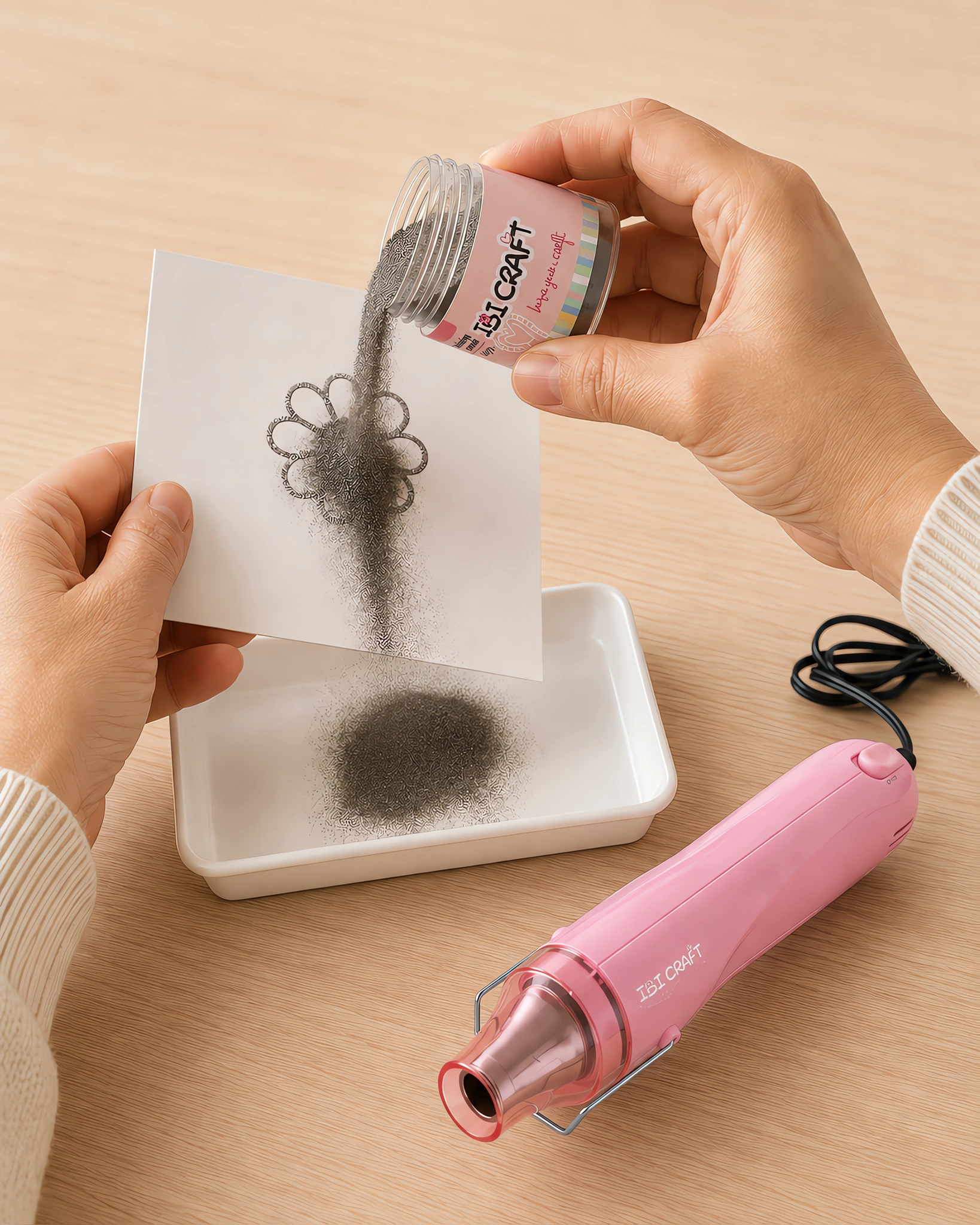 Manos espolvoreando el polvo de embossing sobre el sello húmedo