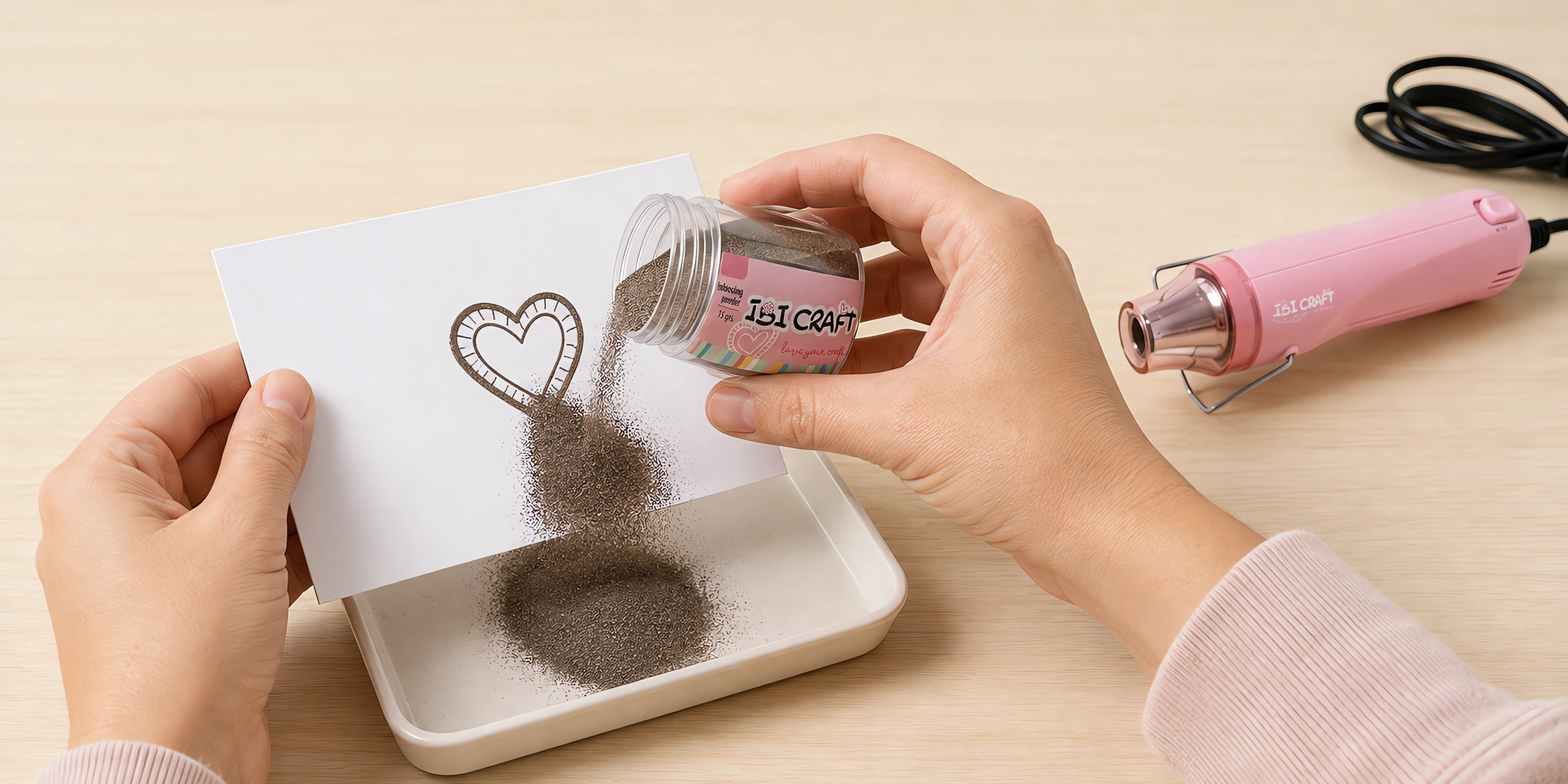 Manos espolvoreando el polvo de embossing sobre el sello húmedo